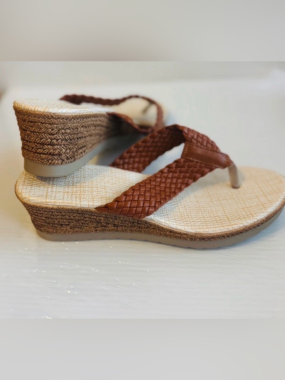 Braided Brown Wedge Thong Sandals for Women